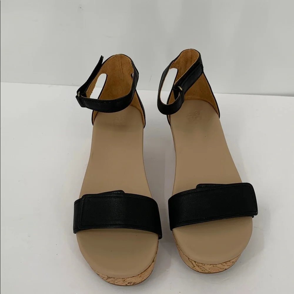 ABEO Cecile wedge espadrille sandals shoe black leather ankle strap comfort 9